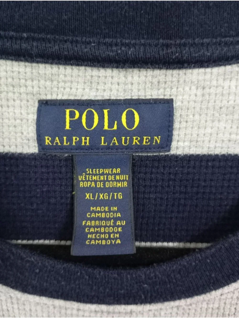 Polo Ralph Lauren Men XL Navy Gray Striped Waffle Knit Long Sleeve Sleepwear Top